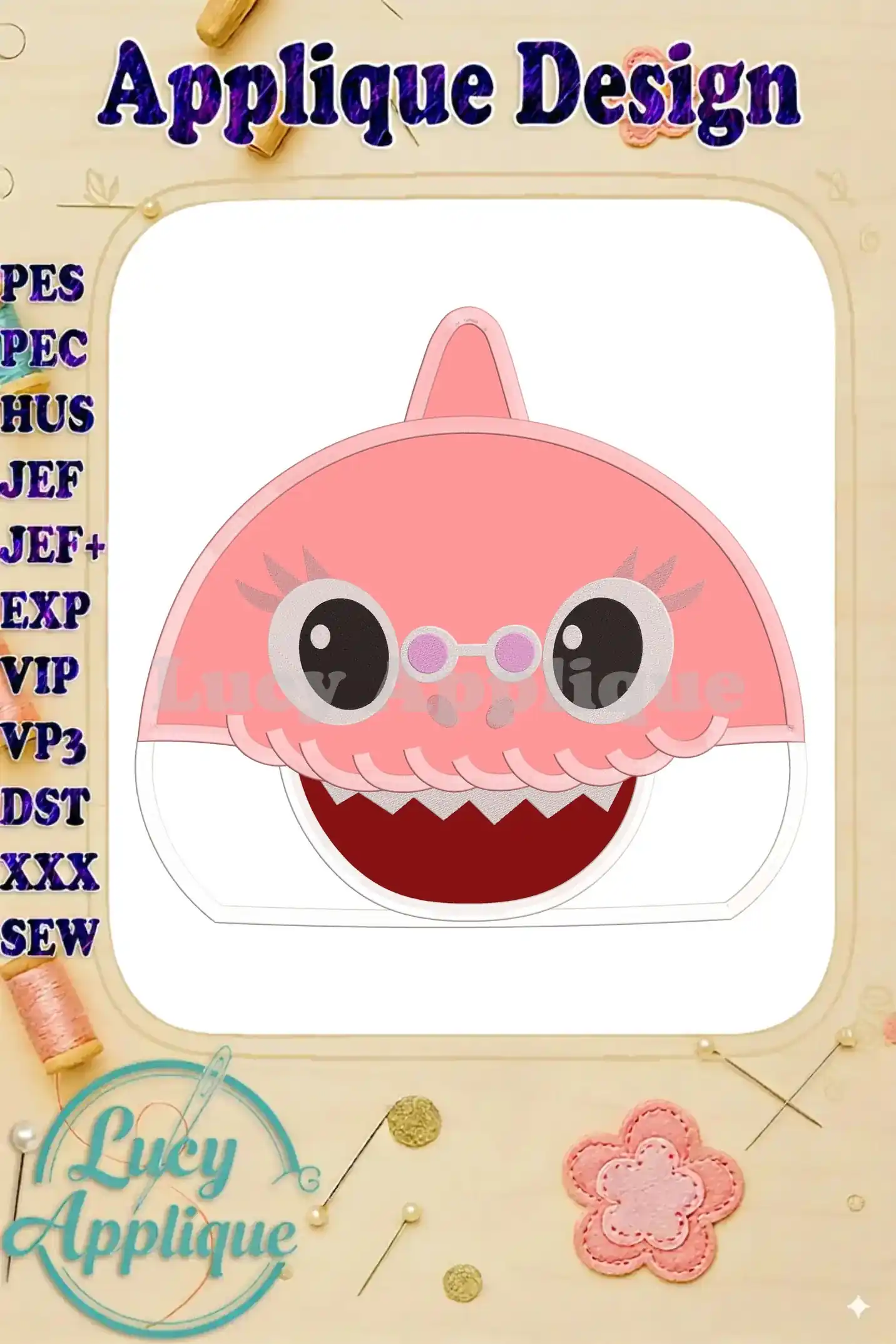 Grandma Shark applique embroidery design, pink and white, with glasses, shown on a white background. Perfect for sewing projects!