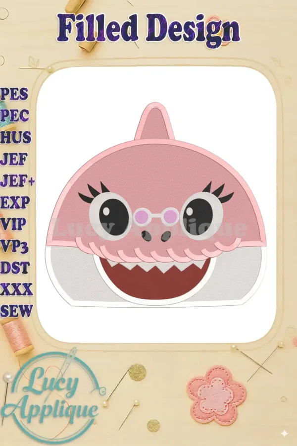Adorable Grandma Shark head fill machine embroidery design, pink and white, shown on a white background. Perfect for adding a cute touch to various projects.