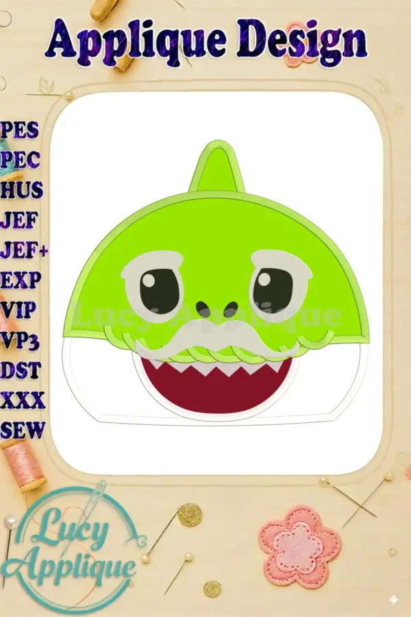 Grandpa Shark applique embroidery design in bright green and red, featuring a friendly cartoon shark face with a mustache. Various file formats are listed.