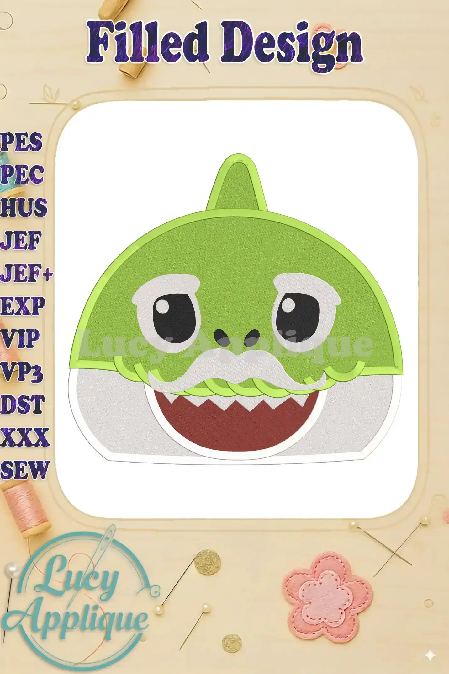 Grandpa Shark Head Fill Machine Embroidery Design. Green shark head with mustache, simple features, filled design style, on white background.