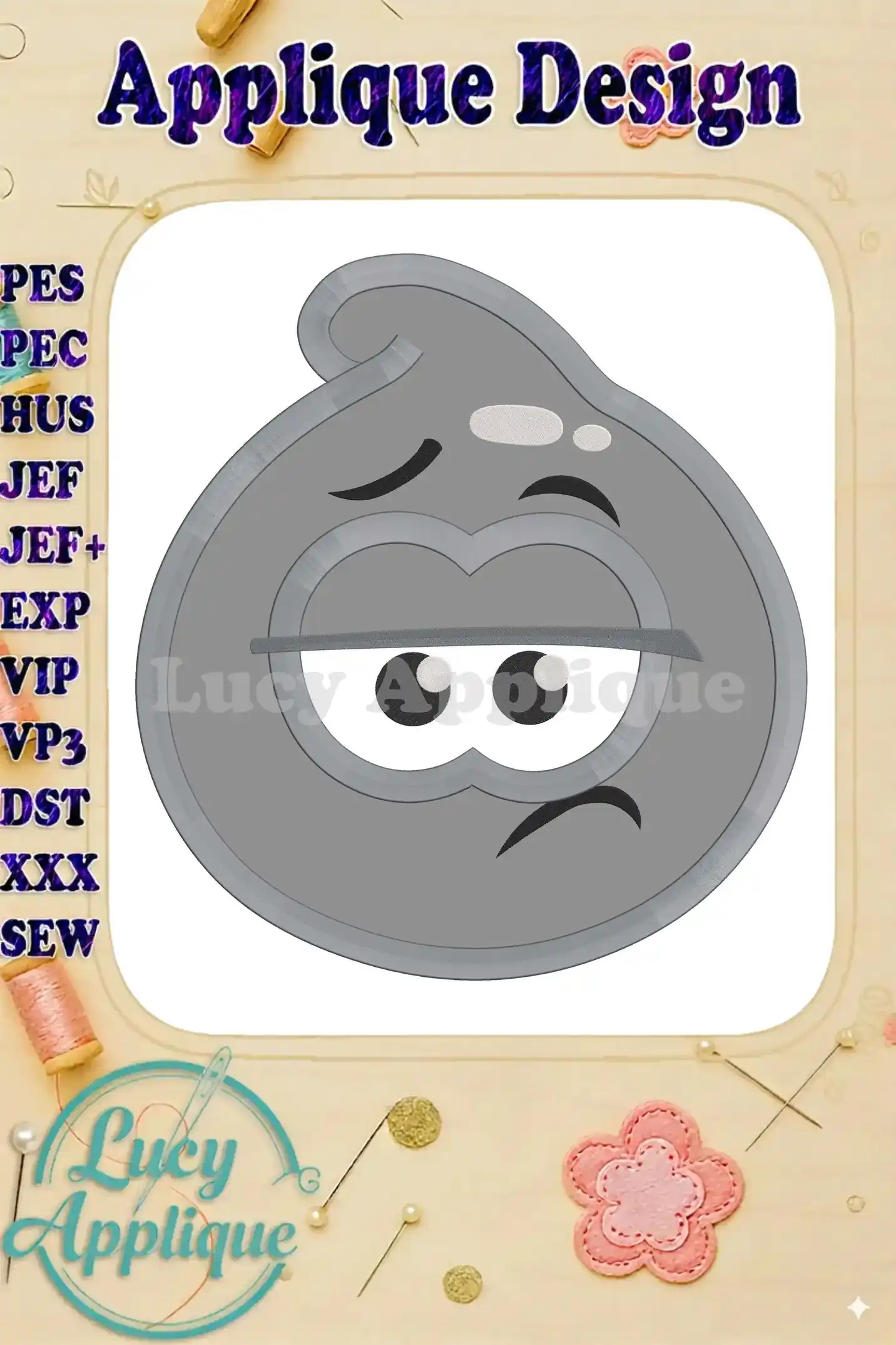 Main image showcasing a charming Grey Jelly applique embroidery design, featuring a cute, slightly grumpy expression. Various file formats are listed for easy downloading.