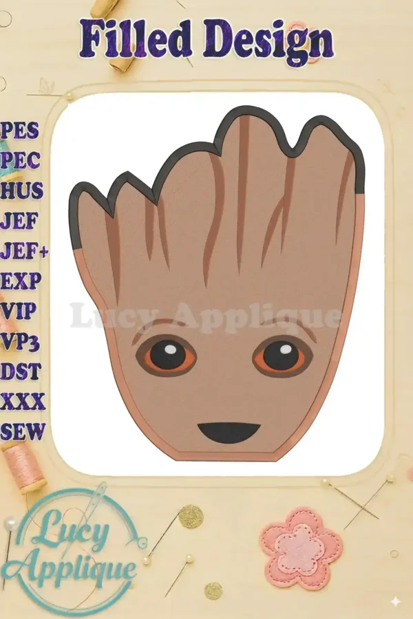 Embroidery design of Groot's face from Guardians of the Galaxy. The design is filled, showing detailed features and a friendly expression. Perfect for apparel or home decor.