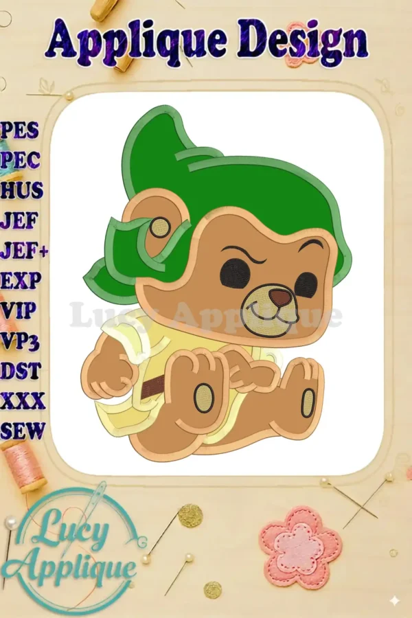 Adorable applique design of Gruffi Gummi Bear from Gummi Bears, sitting and wearing a green hat. Perfect for adding to clothing or accessories. High-quality design.
