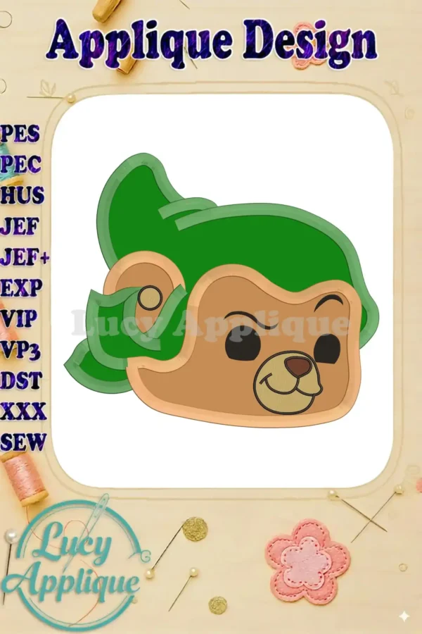 Embroidery design of Gruffi Gummi Bear from Gummi Bears wearing a green helmet, shown as an applique. The design is presented on a white background, with design specs listed.