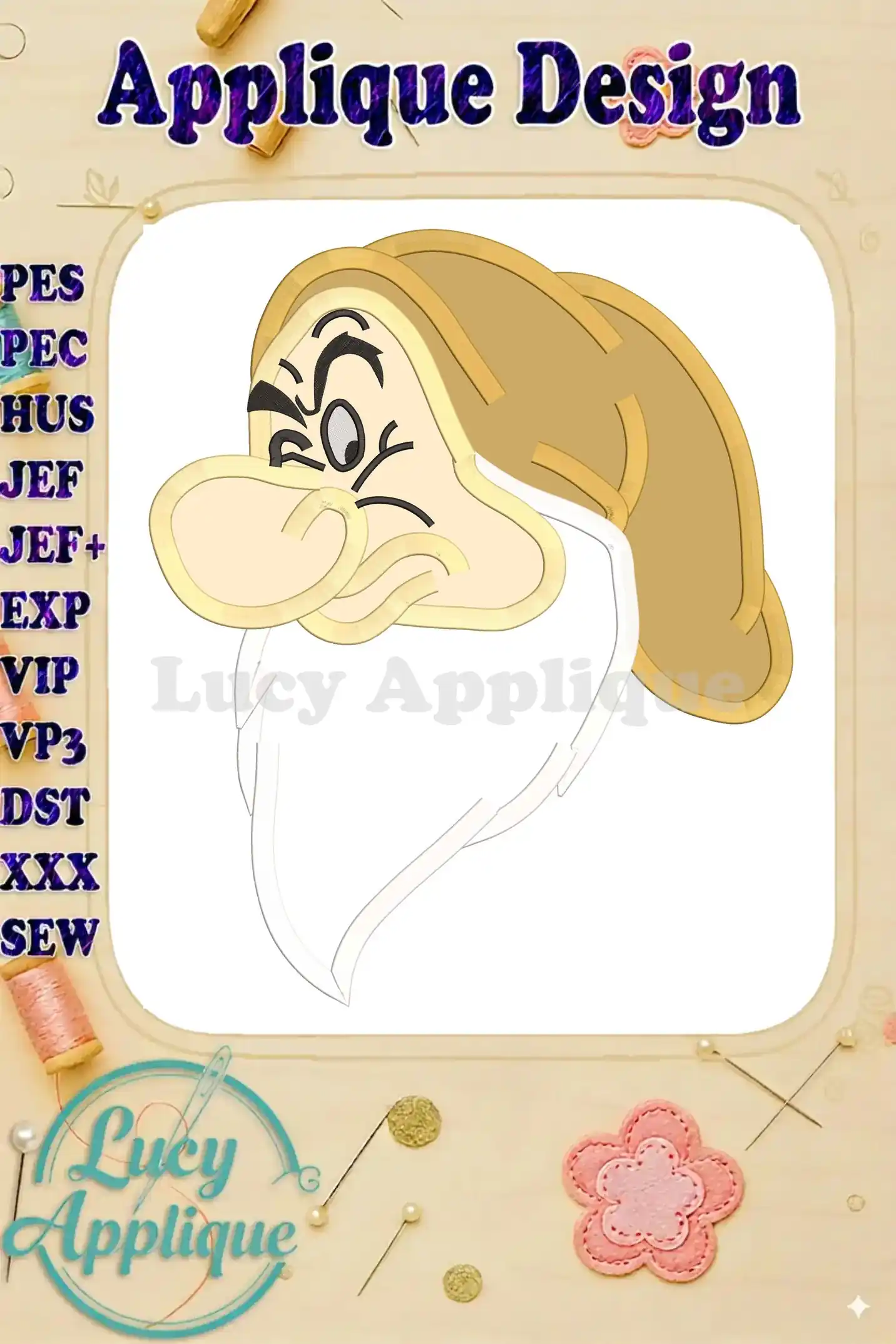 Grumpy dwarf applique embroidery design from Snow White. Detailed image showing stitch lines and color variations for the applique. Perfect for DIY projects.