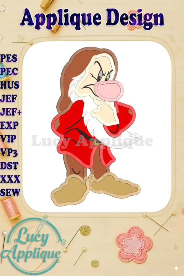 Grumpy, a dwarf from Snow White, is featured in this applique design. The image showcases the design's details and stitch types, ideal for embroidery enthusiasts.