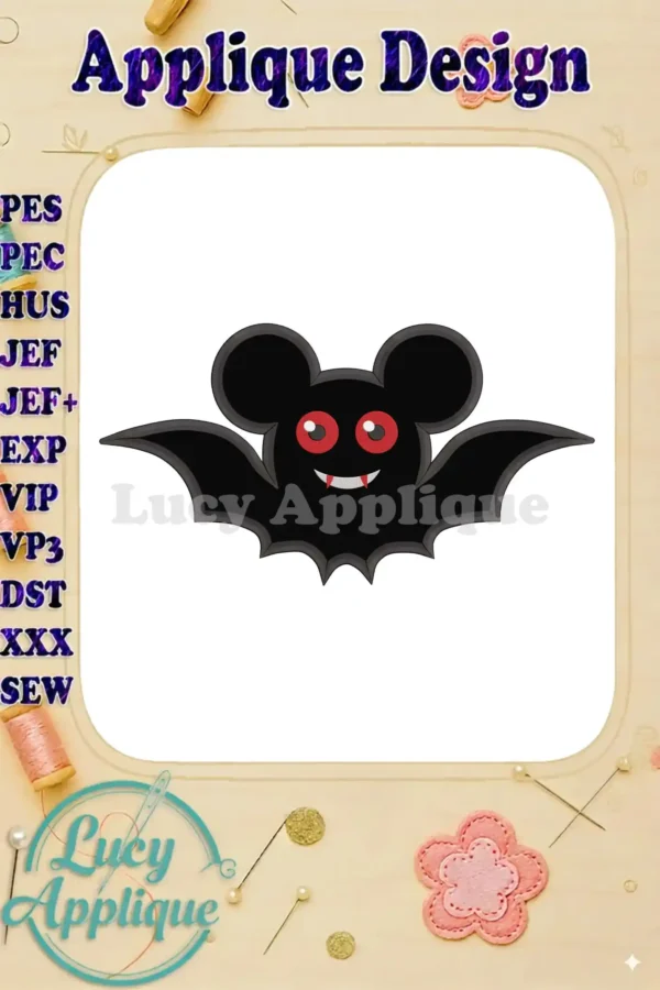 Adorable Halloween bat Mickey ears applique embroidery design. The bat has red eyes and fangs, and Mickey Mouse-shaped ears. Perfect for festive projects!
