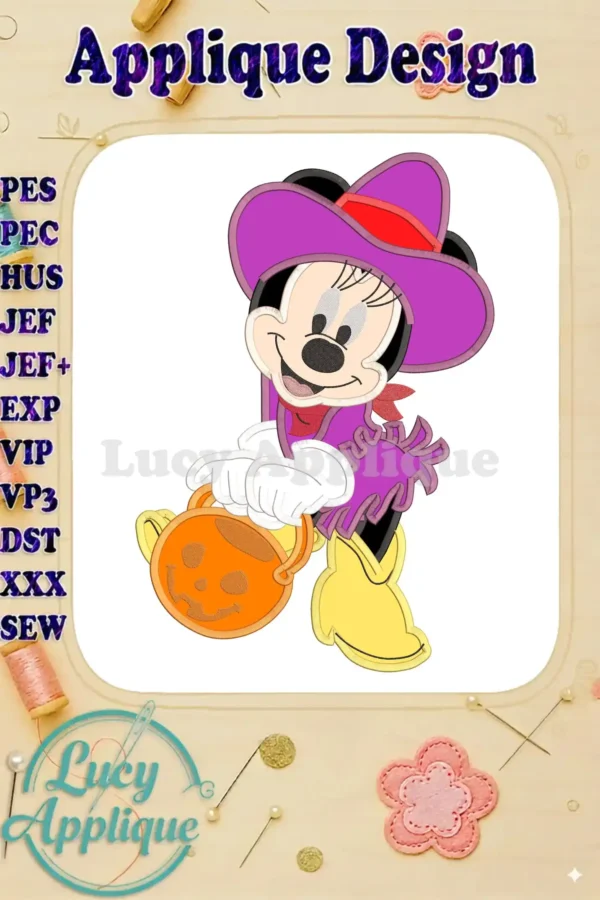 Adorable Halloween Minnie Mouse in a purple cowgirl outfit, carrying a jack-o'-lantern bucket. Applique design in various embroidery formats.