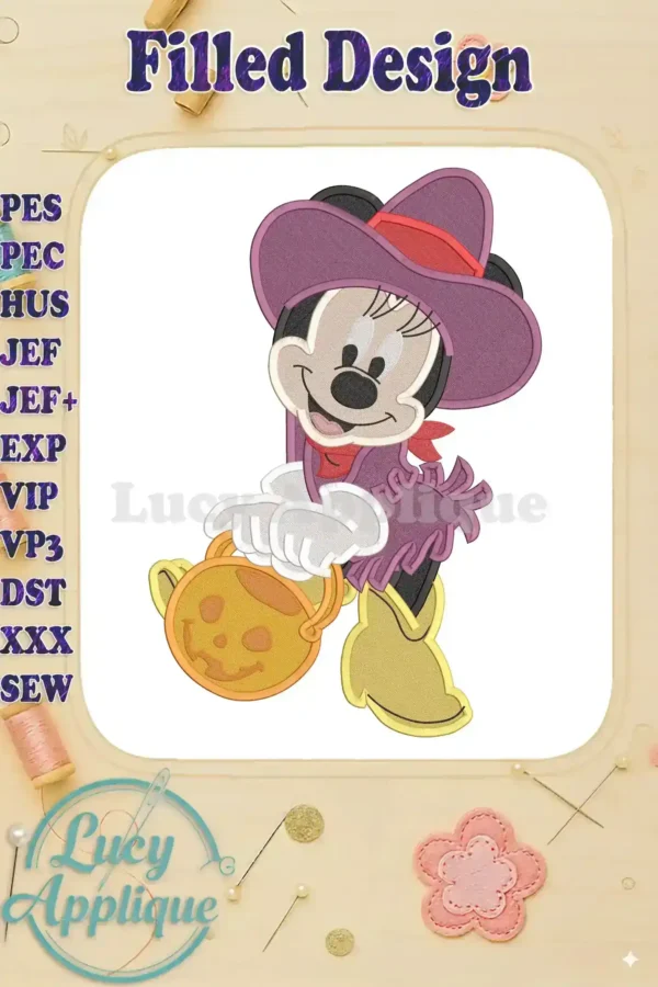 Embroidery design of Minnie Mouse in a Halloween costume, carrying a jack-o-lantern. This filled design is available in multiple formats.