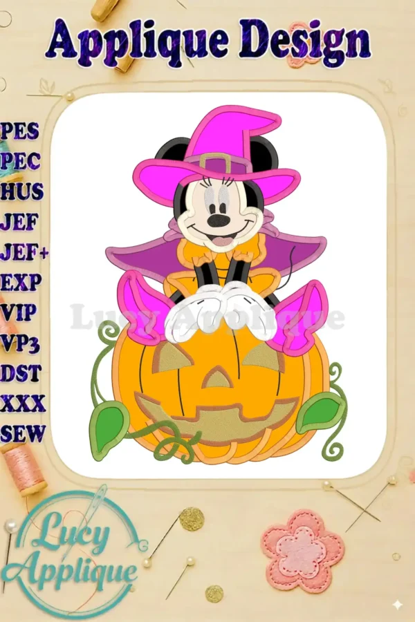 Main image showing a Halloween-themed applique design featuring Minnie Mouse sitting on a pumpkin, wearing a witch's hat. The design is vibrant and detailed, perfect for embroidery projects.