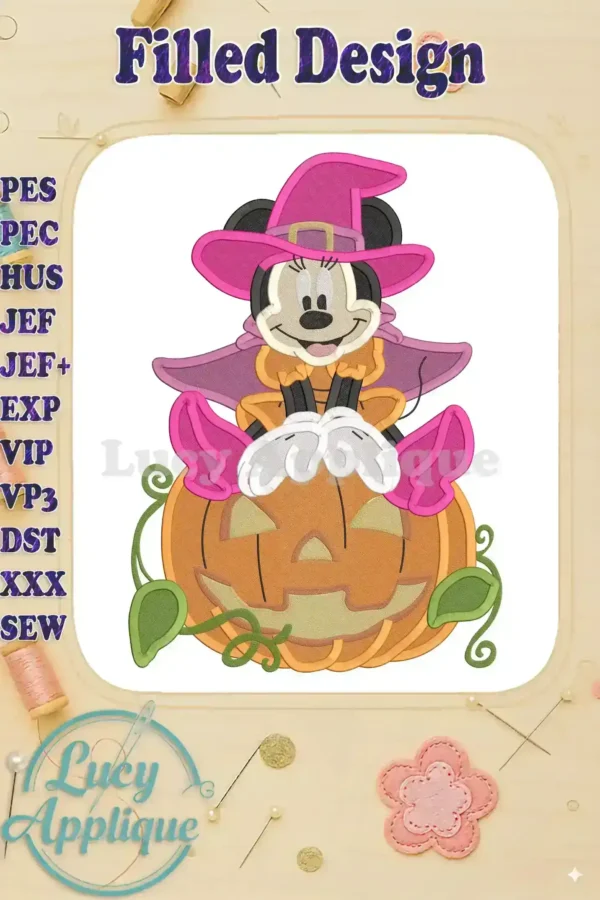 Minnie Mouse dressed as a witch sitting on a pumpkin for Halloween. This filled embroidery design is available in multiple formats like PES, HUS, JEF, etc.
