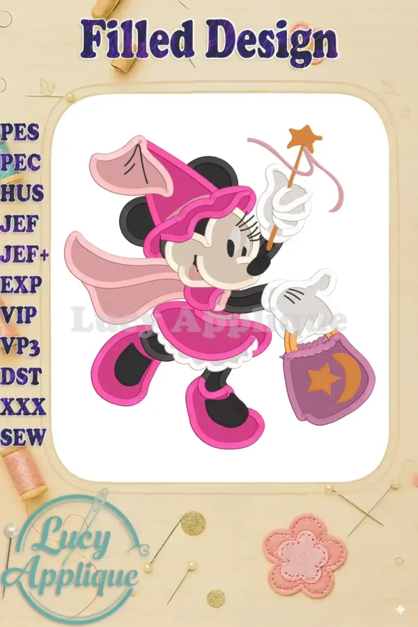 Halloween Minnie Mouse as a witch, carrying a trick-or-treat bag, in a filled embroidery design. Perfect for Halloween projects and spooky-themed creations.
