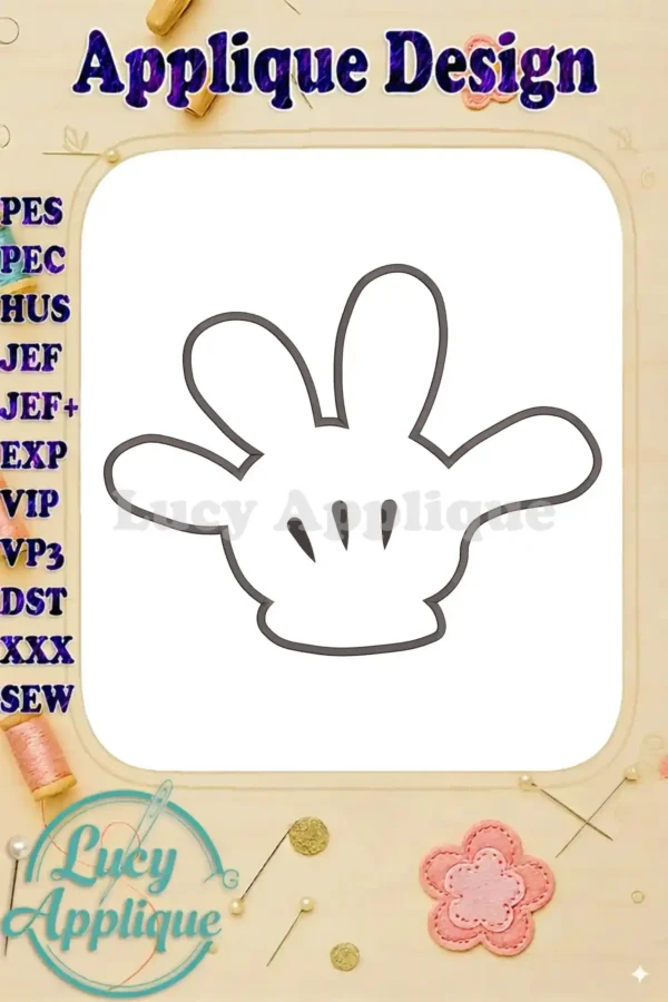 Mickey Mouse glove applique embroidery design in black outline on a white background. Various machine embroidery file formats are listed.