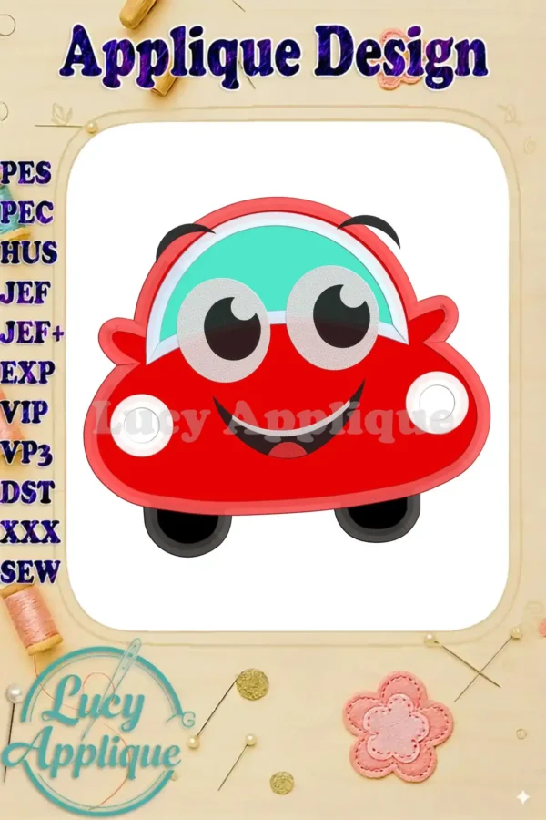 Happy Car Applique Embroidery Design: A cheerful red car with big eyes and a smile, ready for stitching. Design includes multiple file formats.