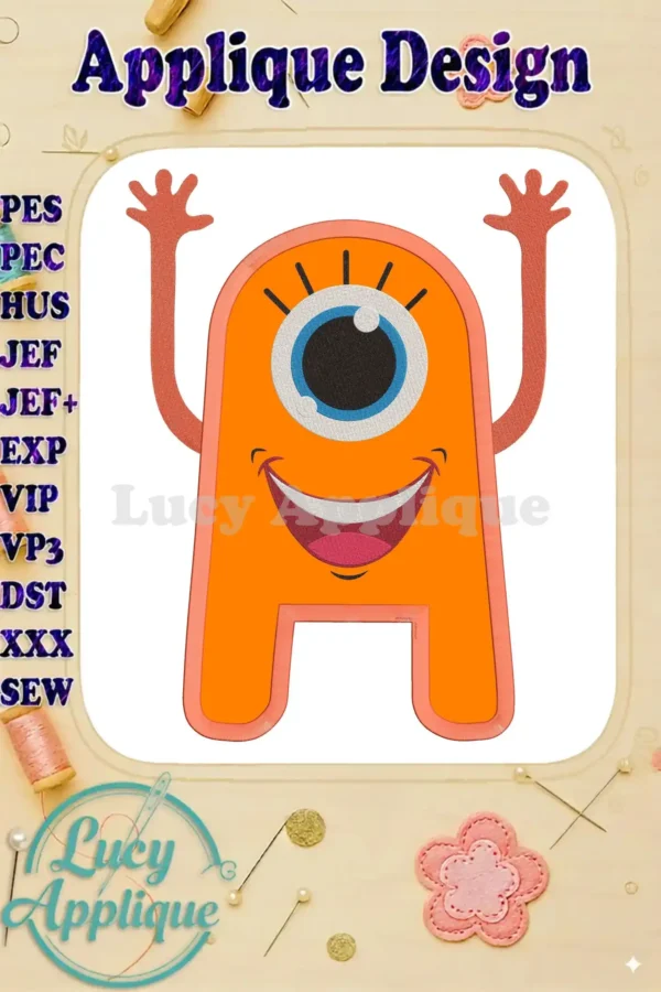 Happy Monster applique embroidery design in orange, showcasing a friendly one-eyed monster with raised arms. The design is presented against a beige background with decorative elements.