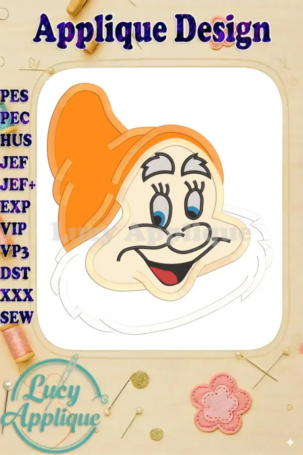 Embroidery design of Happy Snow White's applique, showcasing a detailed close-up of the smiling dwarf's face with an orange hat. The design is presented on a white background, surrounded by decorative elements.