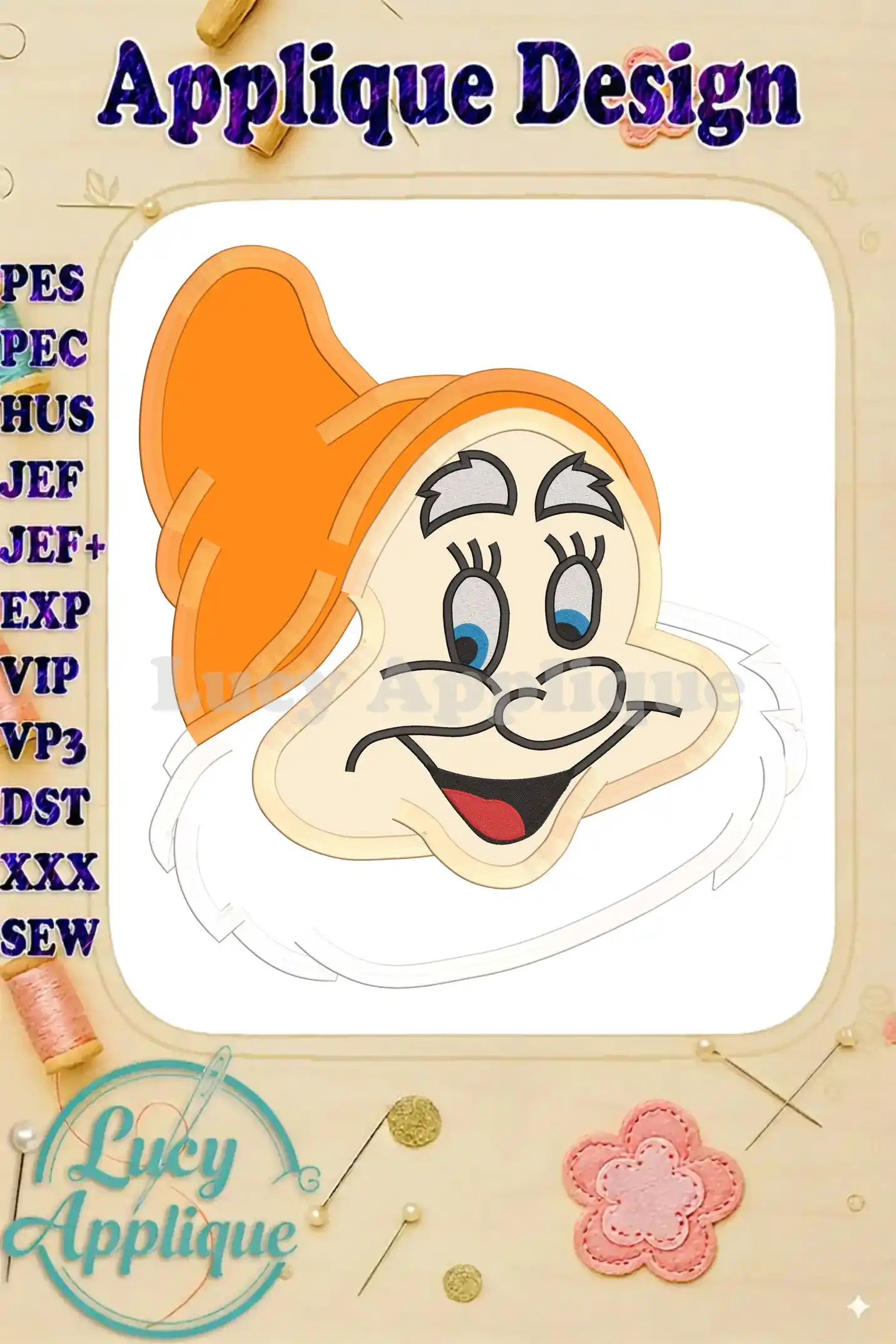 Embroidery design of Happy Snow White's applique, showcasing a detailed close-up of the smiling dwarf's face with an orange hat. The design is presented on a white background, surrounded by decorative elements.