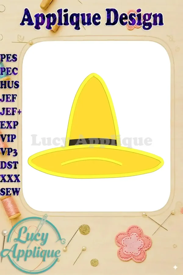 A charming yellow hat applique embroidery design, perfect for adding a playful touch to various projects. The design is shown on a white background, with various file formats listed.
