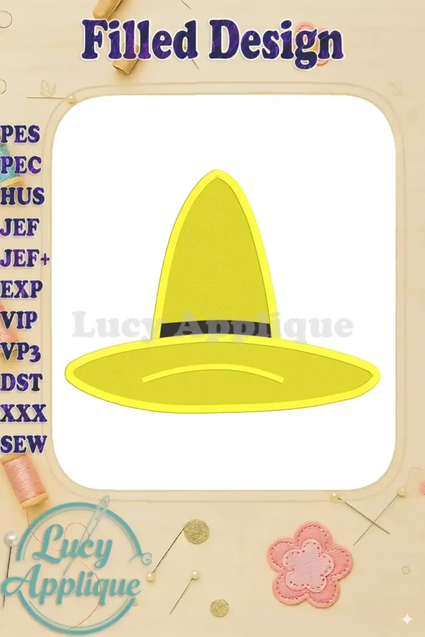 A filled embroidery design of Curious George's iconic yellow hat. The design is presented on a white background with a decorative border.