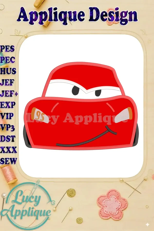 Embroidery design of Lightning McQueen's face, ready to be stitched. Applique design with various file formats available for different machines.