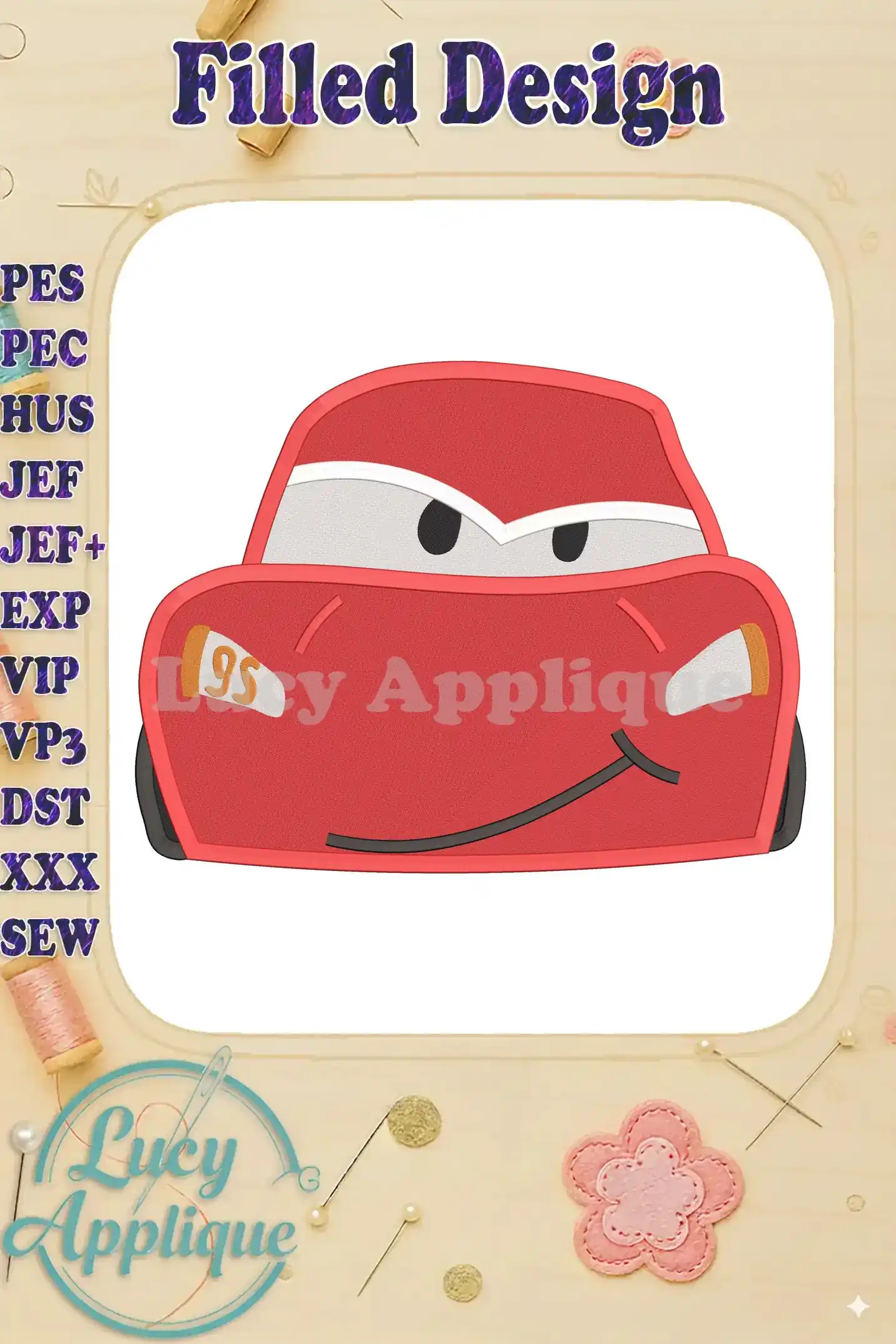 Embroidery design of Lightning McQueen's head, filled stitch style. Perfect for adding a fun touch to kids' clothing or accessories. Easy-to-stitch design.