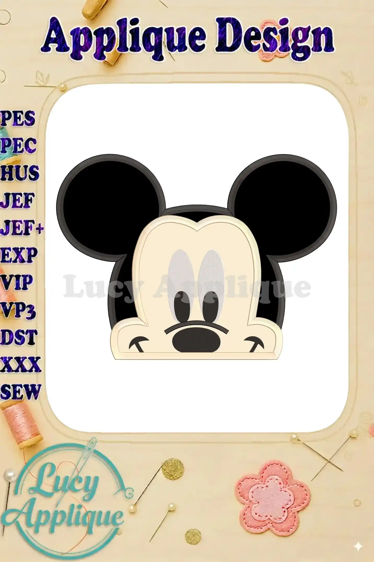 A charming Mickey Mouse head applique embroidery design, ready to stitch. The design features classic Mickey ears and a simple, friendly face, perfect for various projects.