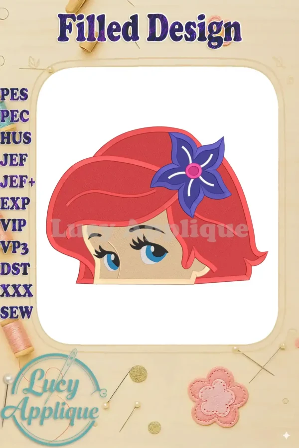 A charming close-up of a filled embroidery design featuring Ariel, the Little Mermaid, with vibrant red hair and a purple flower.
