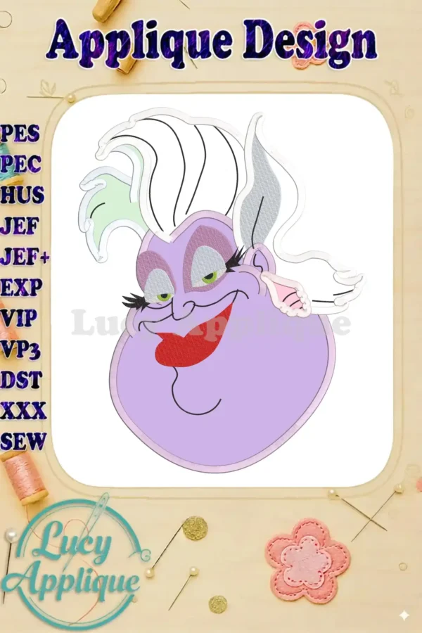Main image showcasing the completed Ursula applique embroidery design from The Little Mermaid, ready to be stitched. The design is vibrant and detailed, showing Ursula's face.