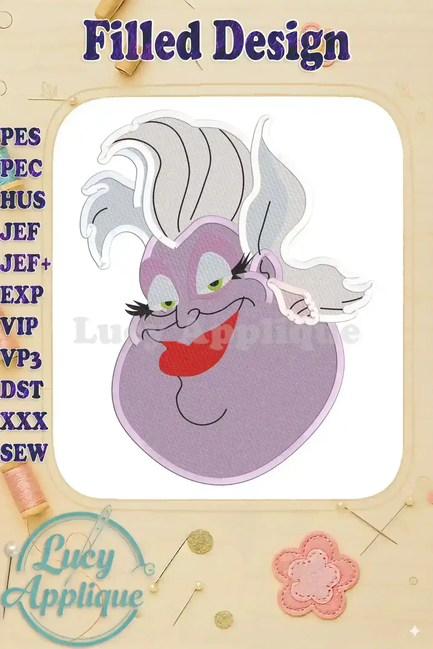 Embroidery design of Ursula, the sea witch from Disney's The Little Mermaid. A filled design, showcasing her purple skin and white hair. Perfect for Disney fans!