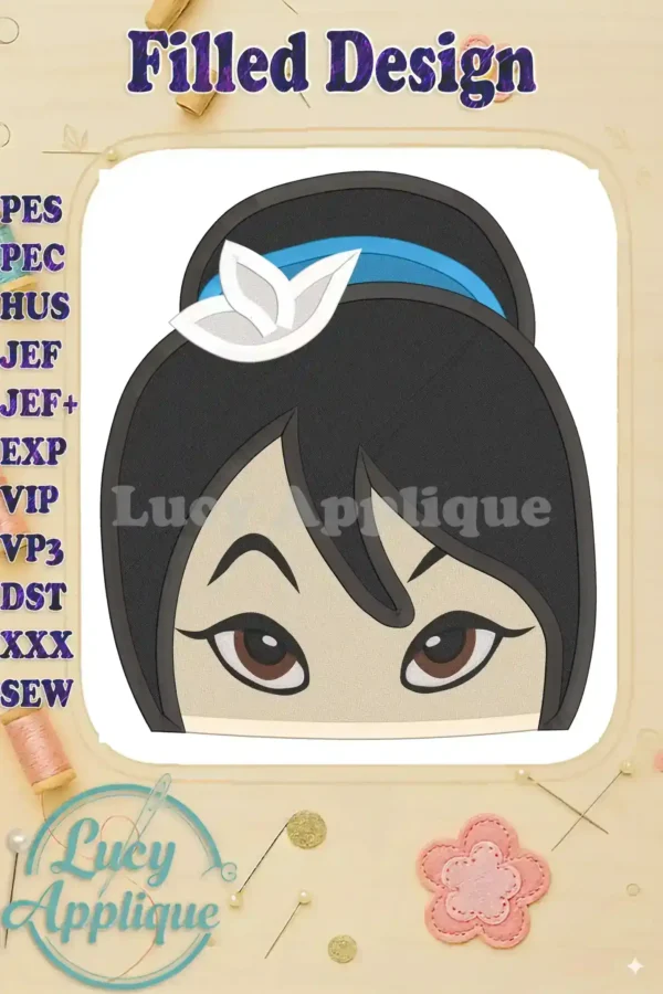 Head Warrior Princess embroidery design, a filled design showcasing a charming princess with dark hair, styled in a bun with a white flower and light blue headband.