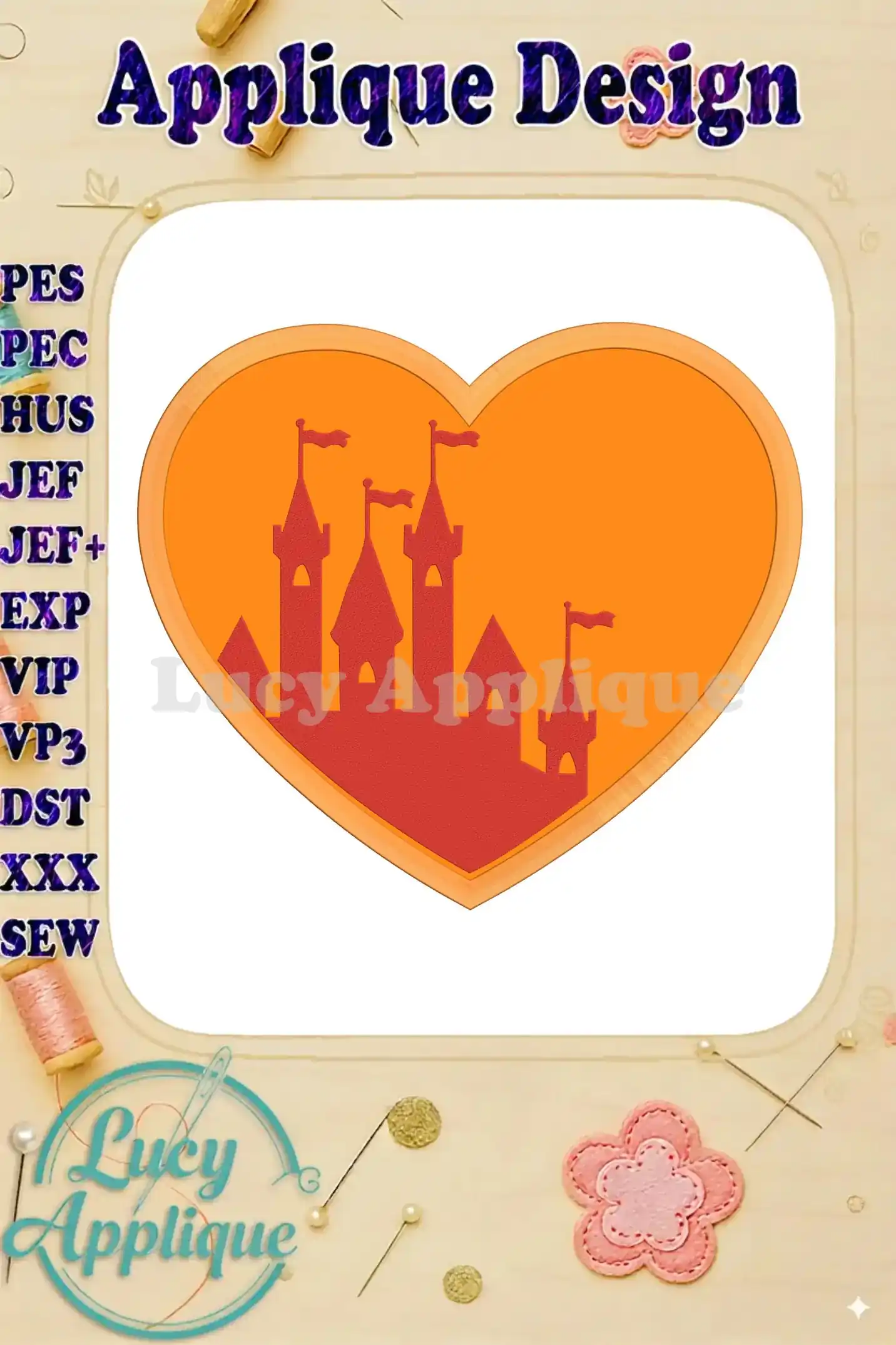 Heart Castle Applique Design: A charming heart-shaped frame encloses a whimsical castle scene, perfect for adding a touch of fairytale charm to your projects.