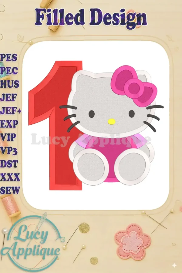 Hello Kitty's 1st birthday! This filled machine embroidery design features Hello Kitty sitting beside the number one, perfect for celebratory projects.