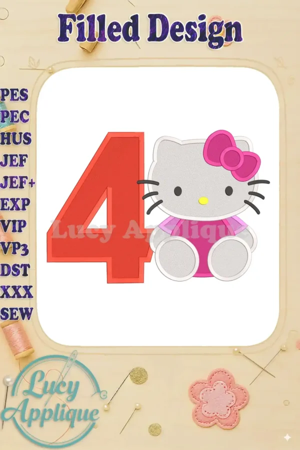 Hello Kitty's 4th Birthday! This filled machine embroidery design showcases Hello Kitty sitting beside the number four, perfect for festive apparel or home decor.
