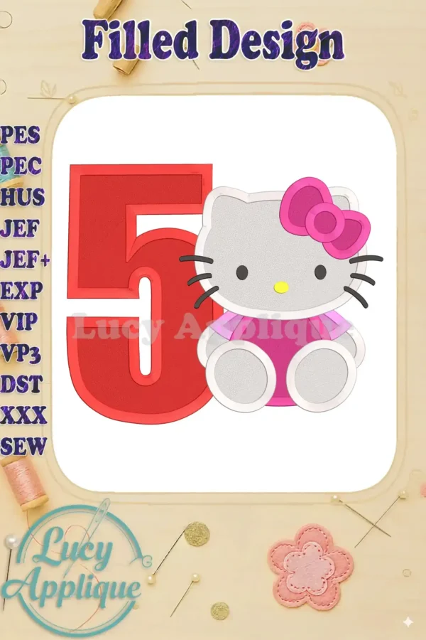 Hello Kitty and the number 5 in a filled embroidery design, perfect for a 5th birthday celebration. The design is in shades of red and pink.