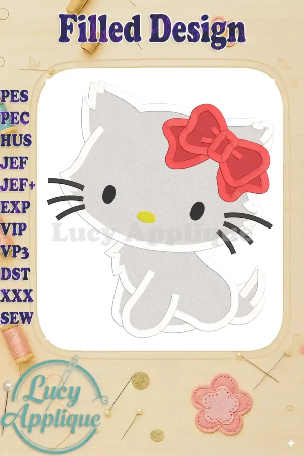 Embroidery design of Hello Kitty, a cute grey cat with a red bow, in a filled stitch style. The design is shown on a white background, ready to be stitched.