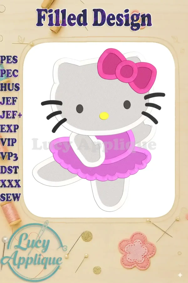 Hello Kitty dressed as a ballerina, in a pink tutu, dancing gracefully. A filled machine embroidery design, showcasing vibrant pink and gray colors.
