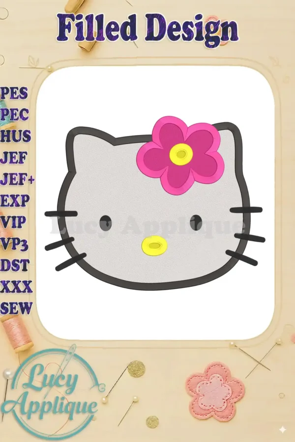 Hello Kitty filled embroidery design with a pink flower. The design is shown against a light wood background. Various machine formats are listed.