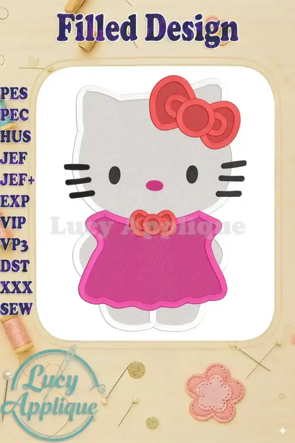 Embroidery design of Hello Kitty in a pink dress with a red bow, filled stitch style. Machine embroidery design file included.