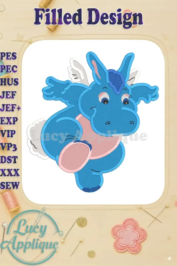 Embroidery design of Hoppopotamus from The Wuzzles, a cute blue hippo with wings, shown in a filled stitch style. Perfect for adding a whimsical touch to your sewing projects.