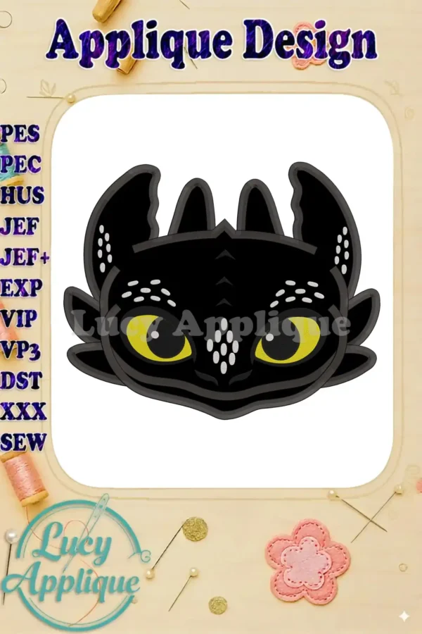 Toothless from How To Train Your Dragon as an applique embroidery design. The image shows the finished design, ready to be stitched.