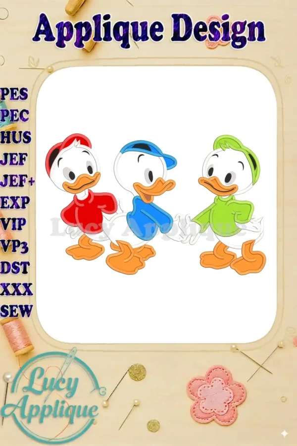 Main image showcasing Huey, Dewey, and Louie applique design. Three charming ducklings in red, blue, and green, ready to be stitched.