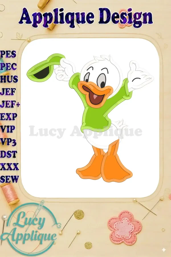 A charming applique embroidery design of Huey, Dewey, and Louie from Disney's Donald Duck. The design shows Louie in a playful pose, showcasing vibrant colors and detailed stitching.