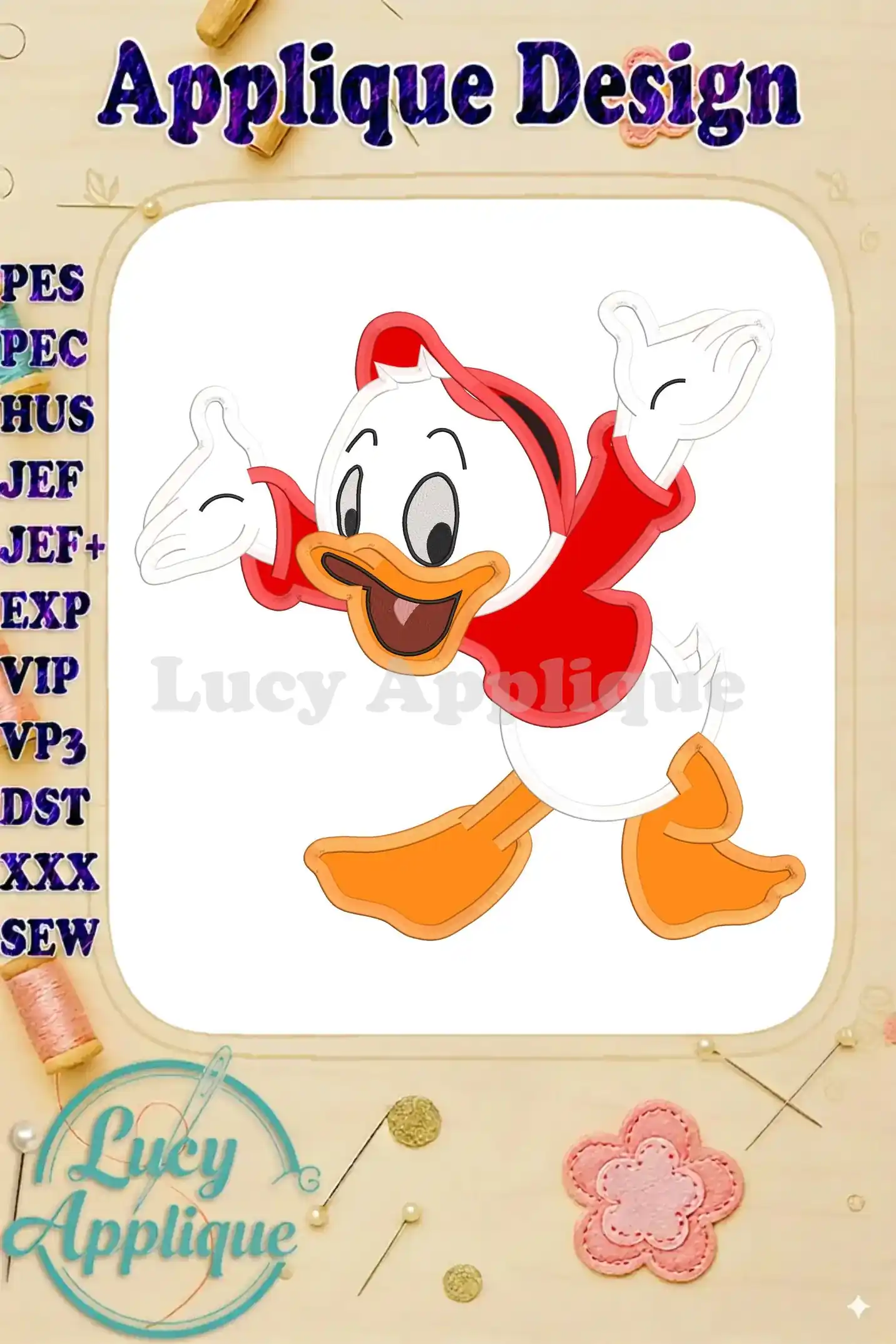 Adorable applique embroidery design of Huey, Dewey, and Louie from Disney. The design showcases the characters in a playful pose, ready to be stitched.