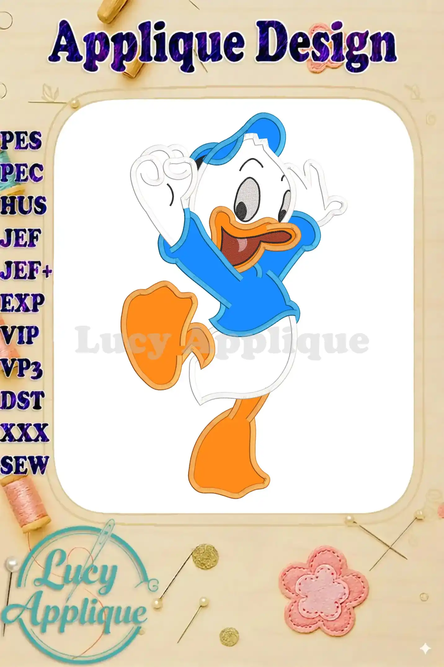 A charming applique design of Huey Duck from Disney's Huey, Dewey, and Louie, ready to be stitched. The design is presented on a white background with colorful accents.