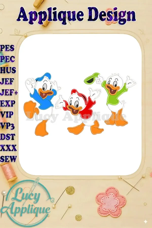 Embroidery design featuring Huey, Dewey, and Louie from Disney's Donald Duck, in a playful applique style, ready to be stitched.