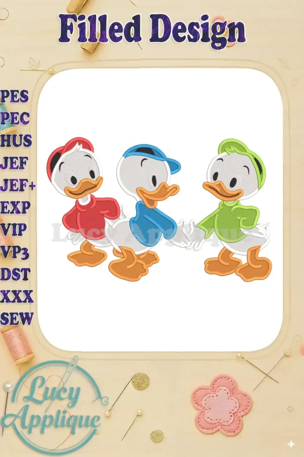 Embroidery design featuring Huey, Dewey, and Louie from Disney's Donald Duck, holding hands and smiling. The design is filled and uses multiple colors.
