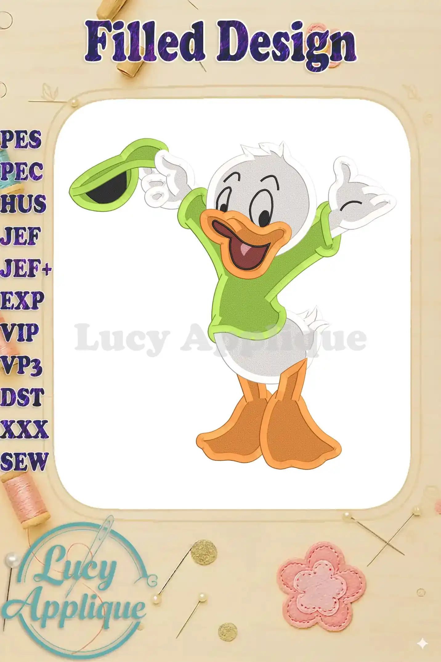 Embroidery design of Huey, Dewey, and Louie, three nephews of Scrooge McDuck, in a filled stitch style. The design showcases them in a playful pose, ready to be stitched onto various fabrics.