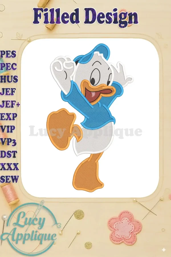 A charming filled embroidery design of Huey, Dewey, and Louie from Disney's Donald Duck, ready to be stitched. The design is presented on a light beige background, with a watermark of the designer's name.