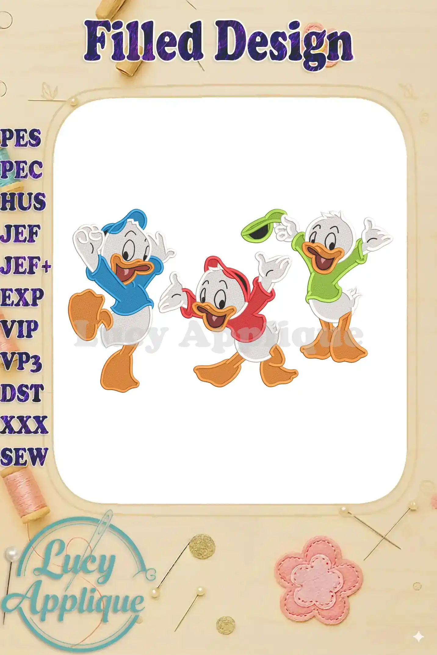 Embroidery design featuring Huey, Dewey, and Louie in a filled stitch style. The design is set against a light beige background with sewing-themed accents.