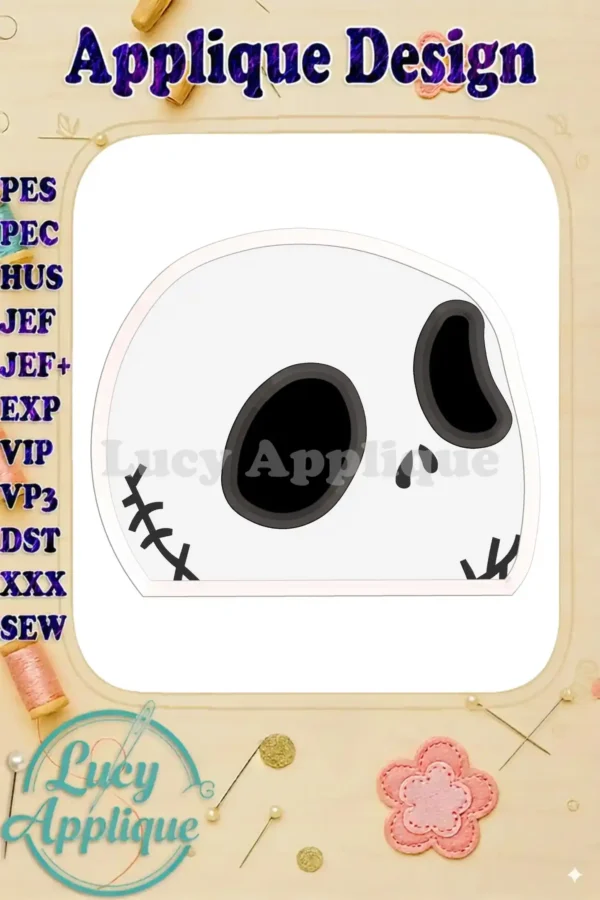 Jack Skellington's iconic face, simplified for applique embroidery. The design is presented on a worksheet, showing stitch counts and color changes.